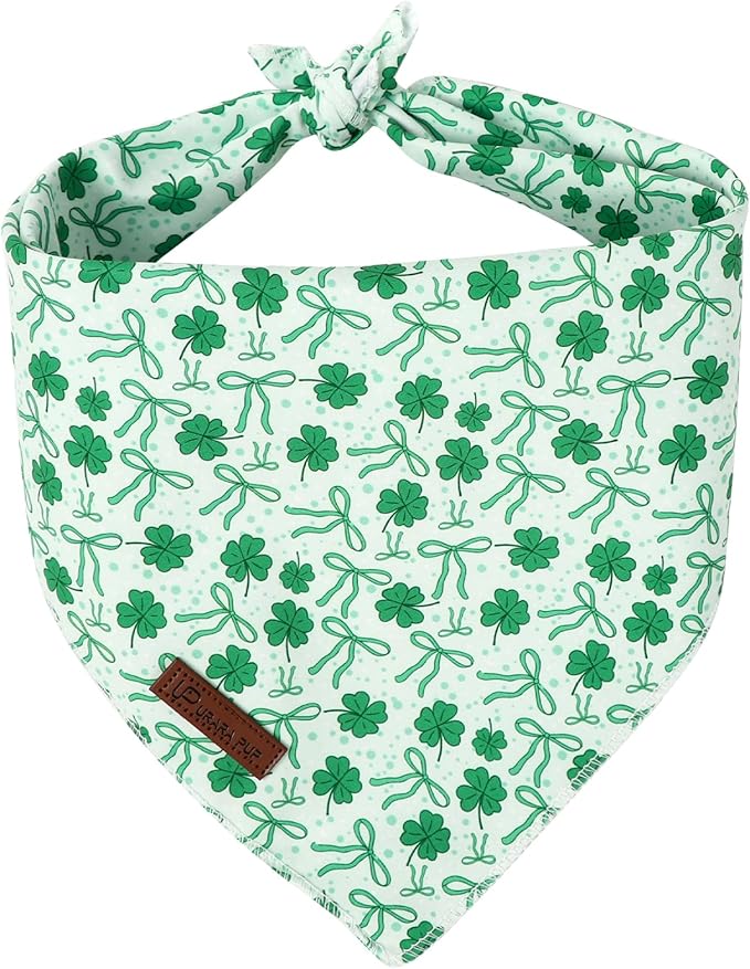St. Patrick's Dog Bandana, UP URARA PUP Shamrock Triangle Bid, Clover and Bow Pattern Scarf for Medium Large Dogs, Cotton Kerchief for Girl Boy Puppies, Cute Spring Green Bandana,S