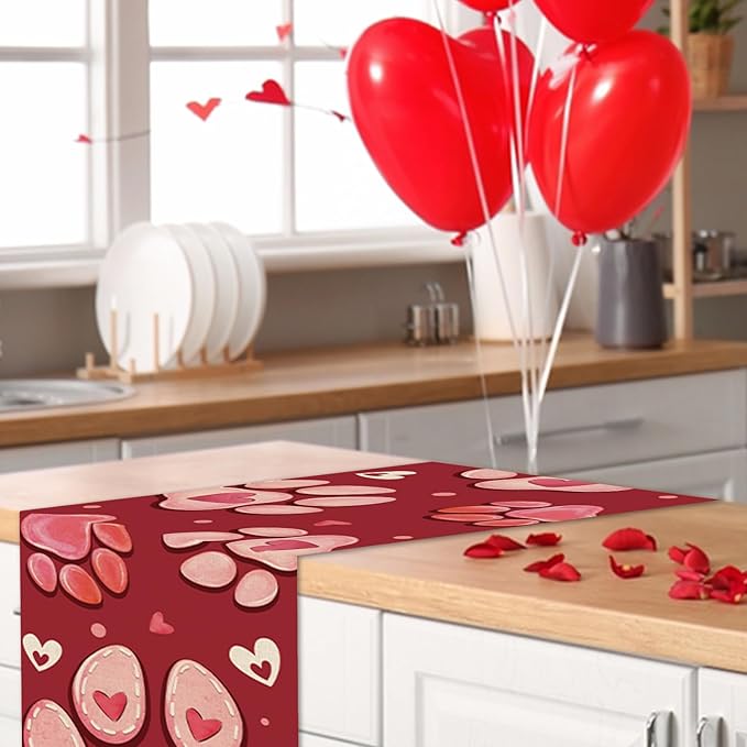 Valentines Day Dog Cat Paw Prints Table Runner, Red Love Hearts Kitchen Dining Table Decoration Pet Lover Gift, Anniversary Wedding Burlap Indoor Outdoor Home Decor Party Supply 13 x 90 Inches