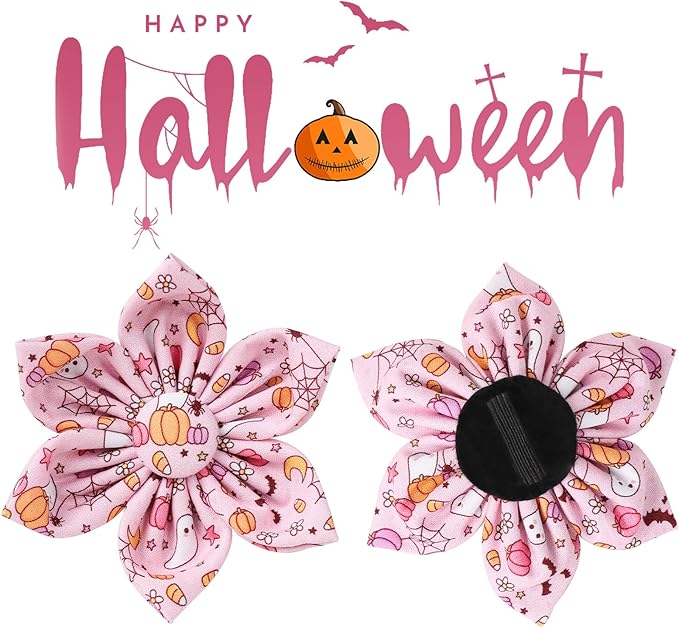Halloween Dog Collar With Flower, Pink Puppy Collar With Adjustable Metal Buckle, Fancy Bowtie Gift for Girl Boy Dog, XS