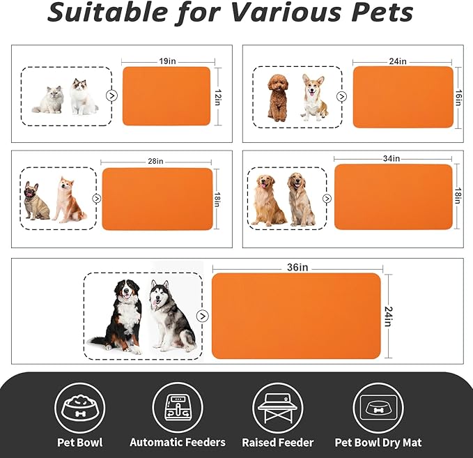Dog Food Mat - Absorbent Cat Mat for Food and Water, No Stains Pet Feeding Bowl Mat, Easy to Clean Pet Placemats, Quick Dry Dog Water Dispenser Mat for Messy Drinkers | Orange 12"x 19"
