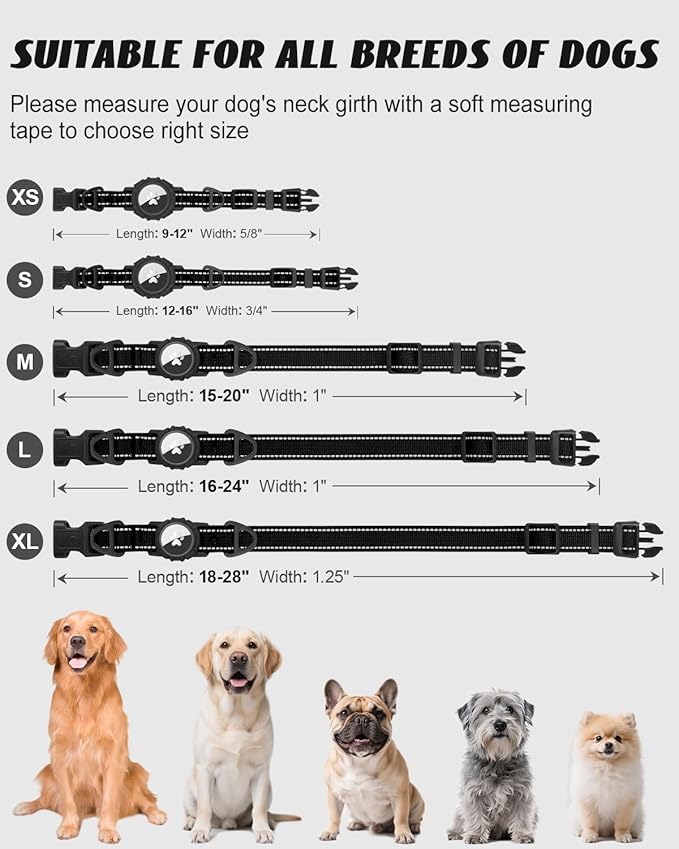 Joytale Airtag Dog Collar, Reflective Pet Collar with Waterproof AirTag Holder, Dual D-Rings, Soft Padded Adjustable for Small Dogs, Black, S