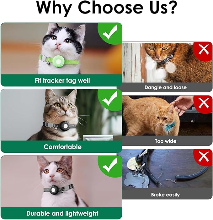 GPS Tracker for Cats, Cat Tracker Collar with Safety Elastic Buckle, Compatible with Apple Find My App (Only iOS), No Monthly Fee, Waterproof (White Tracker, Green Cat Collar)