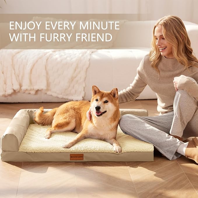 Patas Lague Orthopedic Dog Bed Medium Size Dog 30''X20'', Waterproof L Bolster Medium Pet Sofa Beds with Removable Washable Cover, Soft Comfortable Pet Couch Crate Mat with Nonskid Bottom, Cream