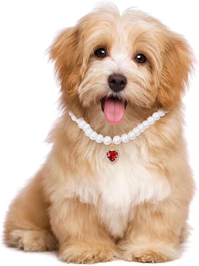 2pcs Cat Pearl Collar with Heart Pendant, Cute Pearl Pet Necklace in Small, Adjustable Wedding Party Small Dog Jewelry Accessories for Puppy Kitten- Pink & Red