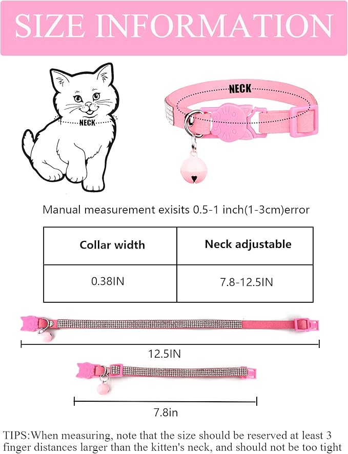 Cat Collars for Girl Cats with Rhinestone Soft Velvet,Breakaway Cat Collars with Bell,Adjustable Safe Kitten Collar (Multicolour Pink)
