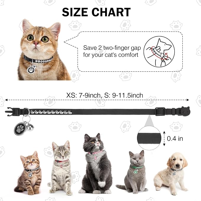 Leather Personalized Breakaway Cat Collar with Studded Bell and Safety Quick Release Buckle - Rivets Studded ID DIY Collars for Boy Girl Cats Kittens, 9" - 11.5" Black