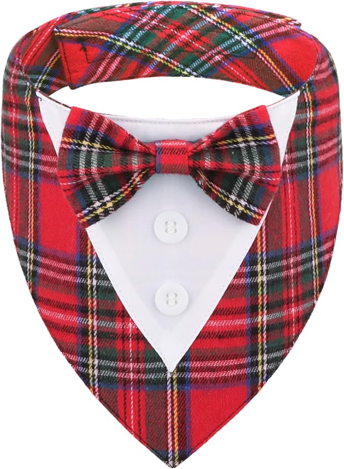 ADOGGYGO Christmas Dog Tuxedo Bandana, Red Plaid Pet Chritstmas Collar with Bowtie, Adjustable Christmas Costume for Large Dogs Pets (L)