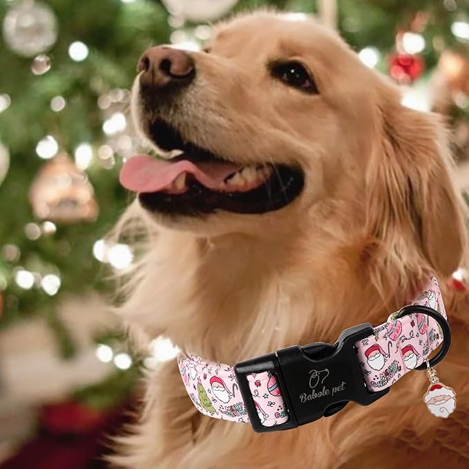 Christmas Dog Collar for Puppy Small Dogs - Cute Santa Print Pink Christmas Collars for Dogs, Soft Adjustable Winter Holiday Dog Collars with Quick Release Buckle XS