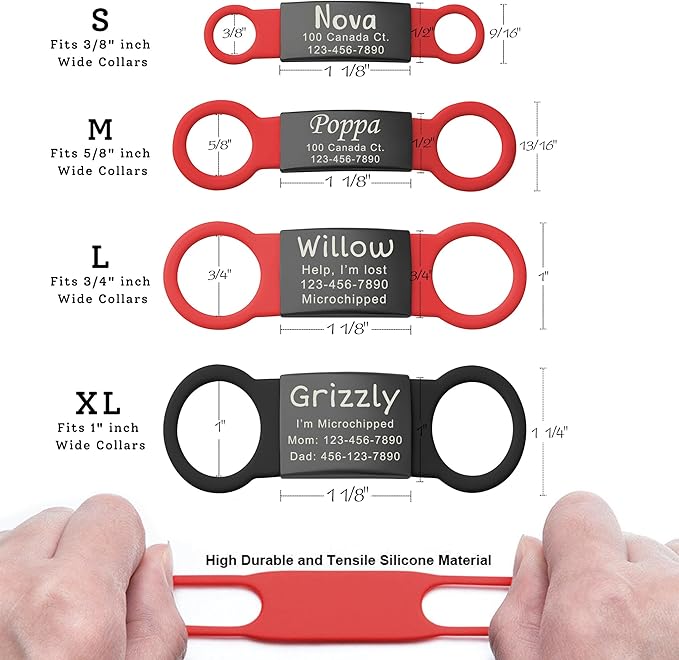 Anavia Slide On Silent Pet ID Tags, S/M/L/XL Personalized Black Stainless Steel Colored Silicone Cat Dog Name Tag, Customized Engraved Nameplate, Quiet Chew-Proof Pet Collar Tag (Blue, X-Large)