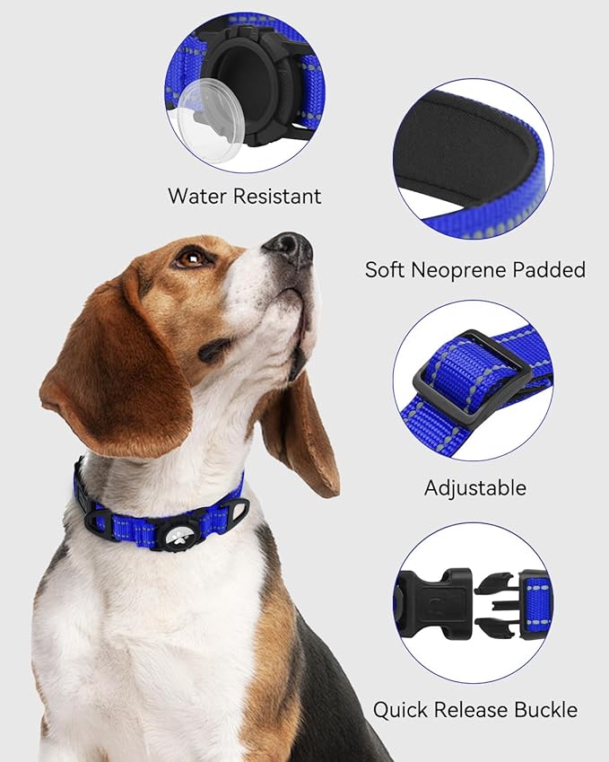 Joytale Airtag Dog Collar, Reflective Pet Collar with Waterproof AirTag Holder, Dual D-Rings, Soft Padded Adjustable for Extra Small and Puppy Dogs, Navy Blue, XS