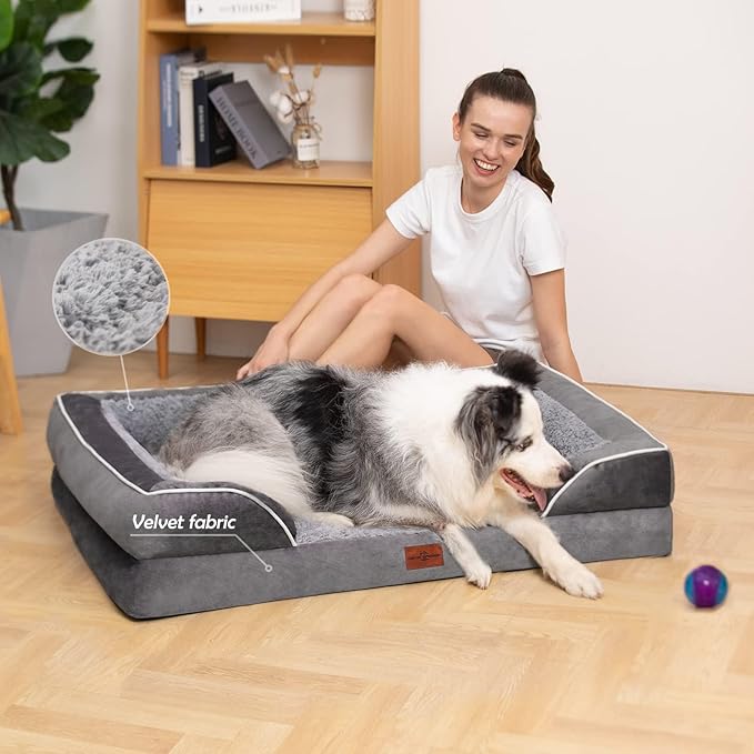 Comfort Expression Orthopedic Dog Bed for Large Dogs 38x25 Inch, Waterproof Supportive Egg Crate Foam Large Pet Bed with Removable Bolsters, Dog Couch with Washable Cover & Non-Slip Bottom, Grey