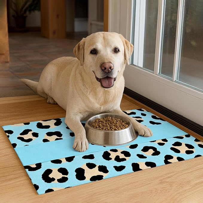 Puppy Feeding Mat 20x12 inch Blue Leopard Print Dog Bowl Placemat Non Slip Mat for Pet Food and Water Small Dog Feeding Area Indoor Puppy Food Station Pet Meal Mats for Kitchen Floor Use