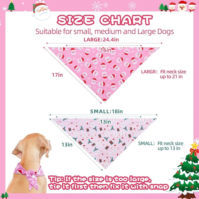 PAWCHIE Christmas Dog Bandanas 4 Pack,Reversible Dog Party Triangle Scarf Bibs, Pet Holiday Costume with Adjustable Snaps,Multiple Christmas-Themed Patterns for Small Dogs Puppy,Cats Pets,Pink S