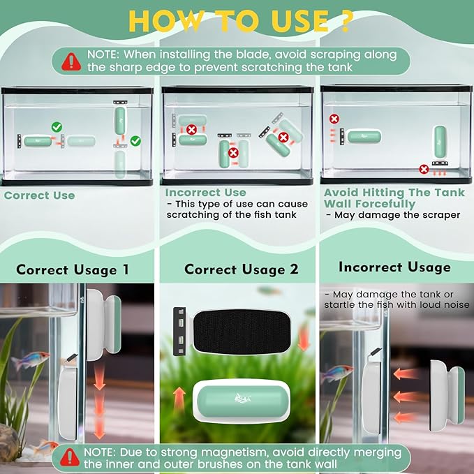 AQQA Aquarium Magnet Glass Cleaner - Enhanced Magnetic Fish Tank Cleaner with 2 Types of Blades, Self-Floating Aquarium Glass Scrubber Algae Scrapers for up to 0.5" Thick Glass/Acrylic Aquariums (M)