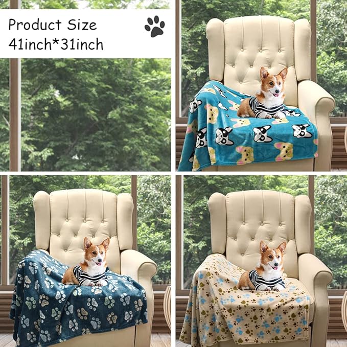 Rezutan Dog Blanket for Large Dogs, Upgraded 3 Pack Dog Cat Flannel Blankets Washable, Soft Pet Mat Throw Cover Suitable for Kennel Crate Bed, Cute Paw Pattern, Beige, 31" x 41"