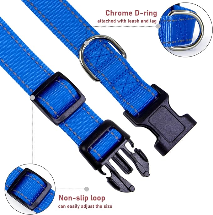 Reflective Dog Collar with Buckle Adjustable Safety Nylon Collars for Small Medium Large Dogs, Navy Blue XL