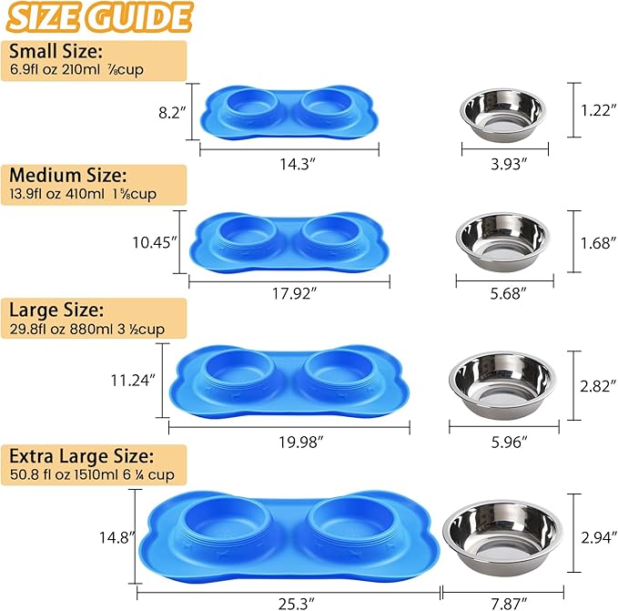 Hubulk Pet Dog Bowls 2 Stainless Steel Dog Bowl with No Spill Non-Skid Silicone Mat + Pet Food Scoop Water and Food Feeder Bowls for Feeding Small Medium Large Dogs Cats Puppies (Large, Blue)