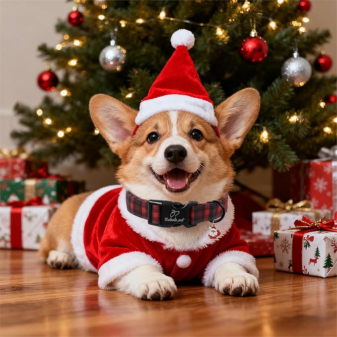Christmas Dog Collar for Puppy Small Dogs - Vintage Red Green Tartan Christmas Collars for Dogs, Soft Adjustable Winter Holiday Dog Collars with Quick Release Buckle XS