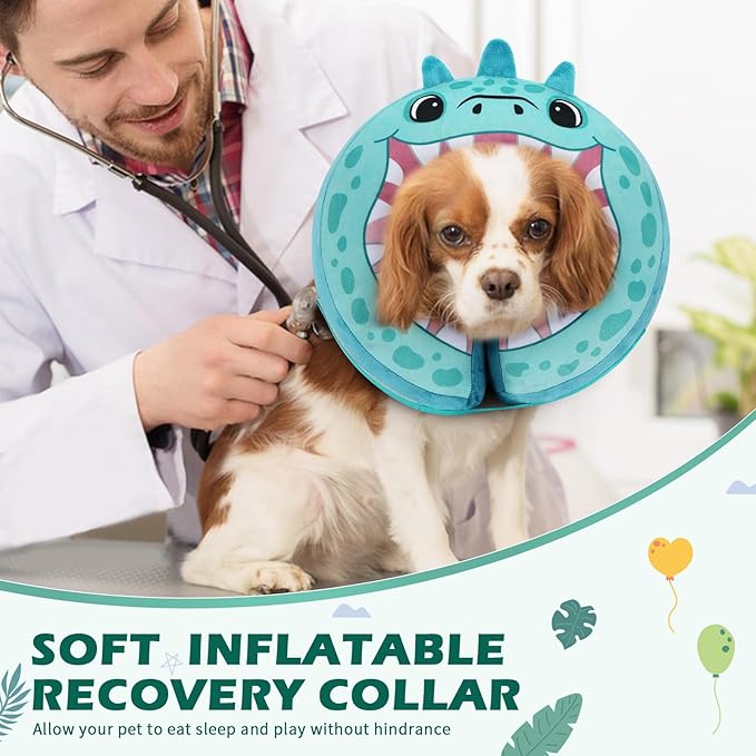 IEUUMLER Inflatable Recovery Dog Collar, Protective Donut Cone, Adjustable Soft Collar for Dog and Cat After Surgery Prevent from Biting & Scratching EU002 - Teal Dinosaur L+