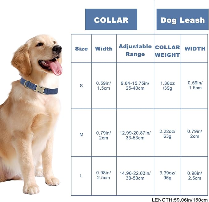 Genuine Leather Dog Collar - Adjustable Pet Collar with Quick Release Metal Buckle, Soft Skin Friendly Real Leather Collar for Small, Medium, Large Dogs (Blue Collar + Rope, L：Fit 15-23" Neck)