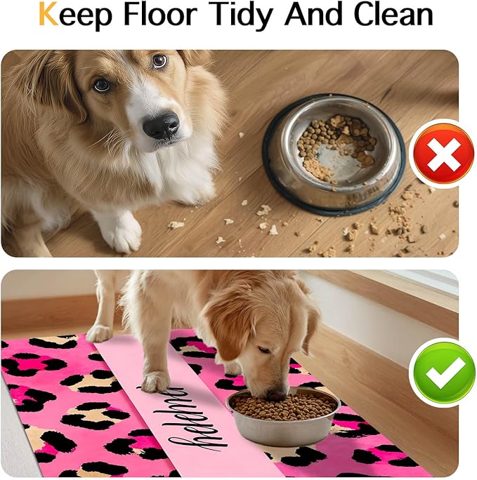 Puppy Feeding Mat 24x16 inch Hot Pink Leopard Print Pet Bowl Placemat Non Slip Floor Mat for Food and Water Indoor Dog Feeding Station Cute Meal Pad for Small Pets Kitchen Use