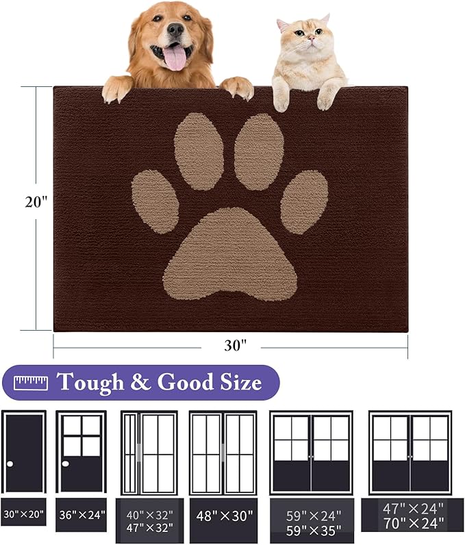 Buganda Dog Door Mat for Muddy Paws, Absorbent Dirt Trapper Non Slip Indoor Doormats, Washable Low-Profile Mat for Mud Dogs, Entryway Carpet for Inside Floor (30x20 Inches, Brown)