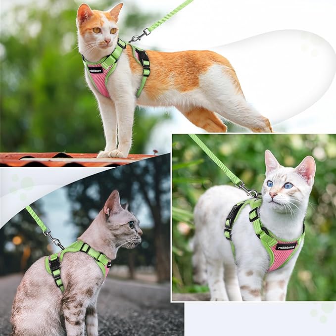 rabbitgoo Cat Harness and Leash Set, Escape Proof Soft Adjustable Vest Harnesses for Outdoor Walking, Easy Control Breathable Kitten Jacket with Reflective Strips, Pink & Light Green, M