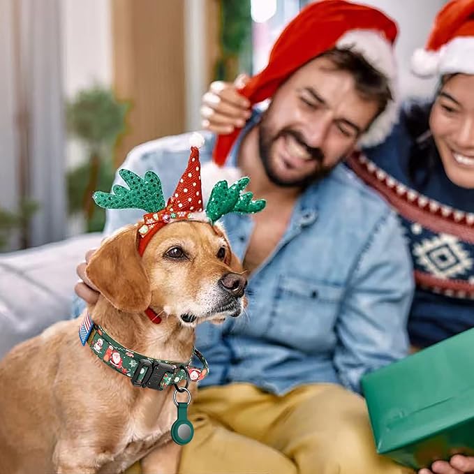 DAGANXI Christmas Tactical Dog Collar, Adjustable Military Training Nylon Dog Collar with Control Handle and Metal Buckle for Medium and Large Dogs, with Patches and Airtags Case (L, Christmas Green)