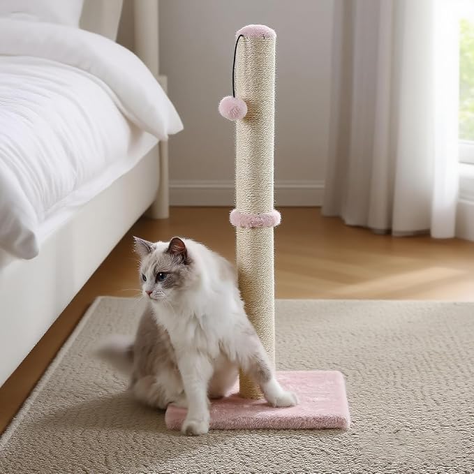 Dimaka Tall Cat Scratching Post, Claw Scratcher with Sisal Rope and Covered with Soft Smooth Plush, Vertical Scratch [Full Strectch] for Standard Size Cats (Pink, 34 inches for Large Cats)
