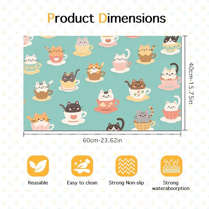 Cat Feeding Mat 24x16 inch Teacup Kitten Print Pet Bowl Placemat Non Slip Floor Mat for Food and Water Indoor Kitty Feeding Station Cute Meal Pad for Small Pets Kitchen Use