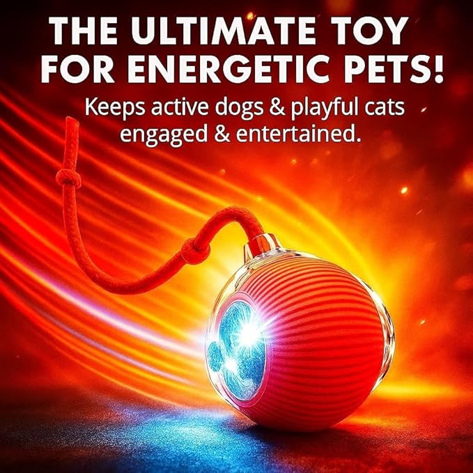 Interactive Electric Automatic Rolling Moving USB Rechargeable Self Activated Play Stimulation Toy Smart Chase Teaser Ball with Speedy Tail Rope for Bored Adult Indoor Cats and Dogs, Red Color
