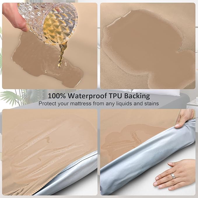 Waterproof Mattress Protector Queen, Fitted Sheet Style Breathable Mattress Cover with Deep Pocket Fits Up to 18'', Noiseless Bed Cover for Kids Adults Pets, Machine Washable (Light Tan, 60'' X 80'')