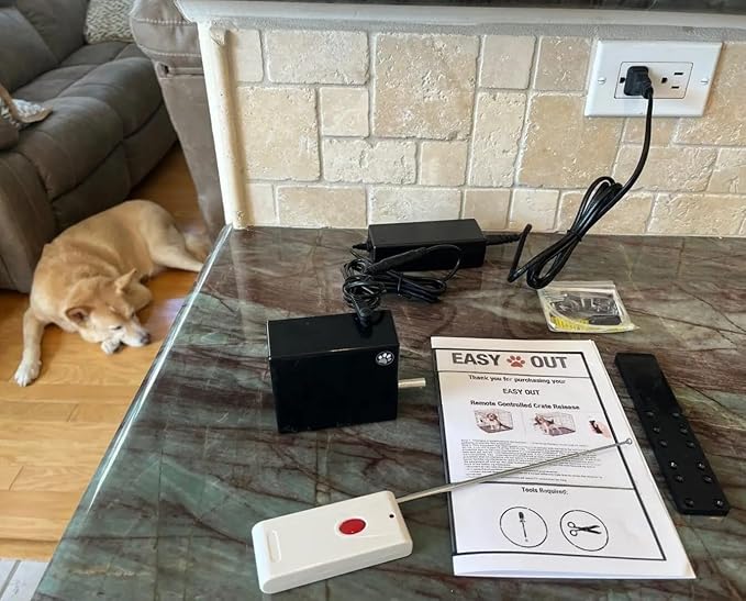 Easy Out Automated Pet Crate Opener for Single or Double Latch Crates, Activated by Remote Control or Wi-Fi Smart Plug, Model EOD2
