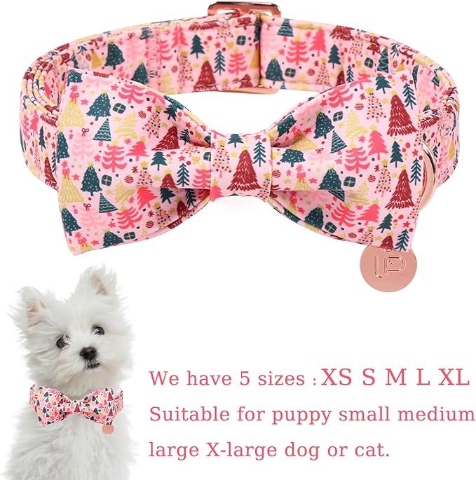 Christmas Dog Collar with Bow Tie, Pink Christmas Tree Collars for Dogs, Adjustable Pet Collar with Cute Xmas Tree Pendant, Winter Dog Accessories for Small Medium Large Dogs S