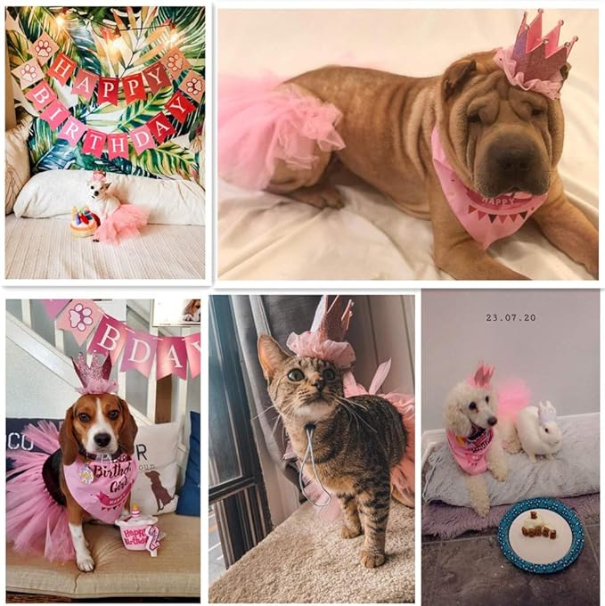 ADOGGYGO Dog Birthday Hat Bandana Girl - Puppy Birthday Party Supplies - Pink Puppy Tutu Hat Scarf Banner Set for Small Dogs (Small)
