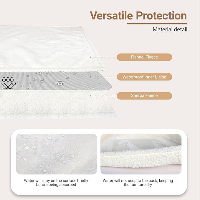 Waterproof Dog Blanket for Large Dogs - Reversible Washable Pet Blanket, Soft Sherpa Fleece Furniture Protector, Cat Throw Bed Couch, Cream,50"x60"