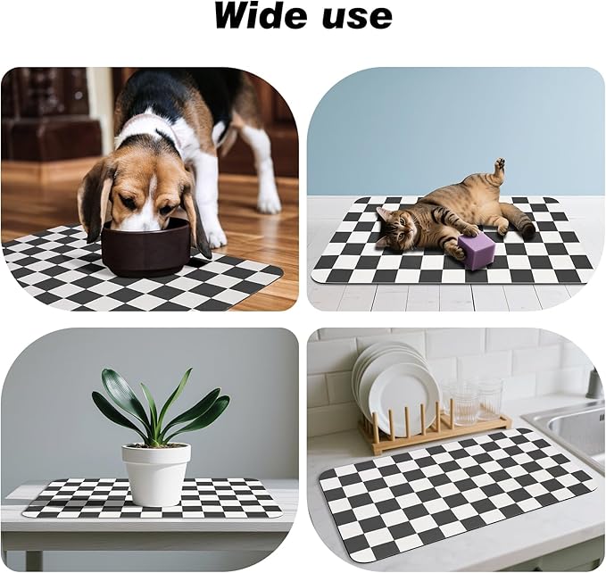 Checkered Dog Food Mat, Absorbent Leak-Proof Pet Feeding Mat, Quick Dry Cat Food Mat for Messy Drinkers 12" x 20" Black