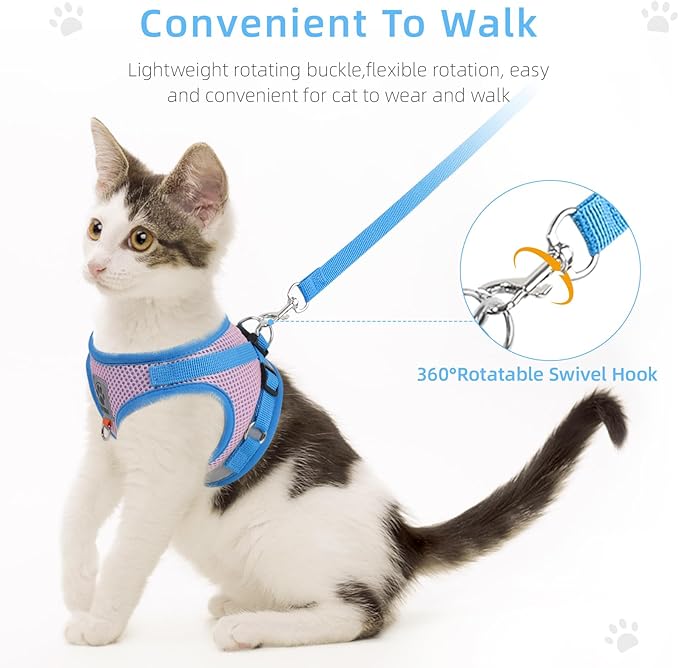 Cat Vest Harness and Leash Set for Walking Escape Proof, Adjustable Kitten Harness Breathable Mesh with Reflective Strips Harness for Kitty Puppy Bunny (Pink and Blue,S)