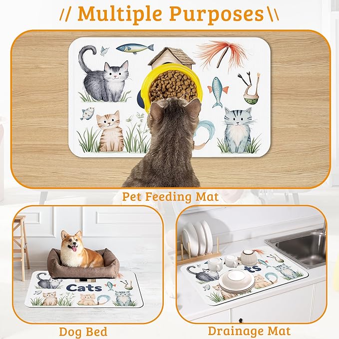 Cats Dog Food Mat,Cute Fun Absorbent Pet Feeding Mat for Food and Water Bowl,Quick Dry Dog Placemat Non Slip Rubber Backing Waterproof Pet Supplies 16" x 24"