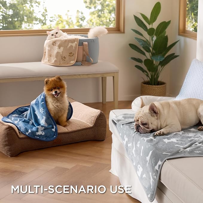 Bedsure 1 Pack 3 Pet Blankets, Super Soft Fluffy Premium Fleece Flannel Portable Throw Dog Blankets for Small Dogs, Printed Cat Puppy Blanket Grey/Brown/Blue Small(23x16 inch)