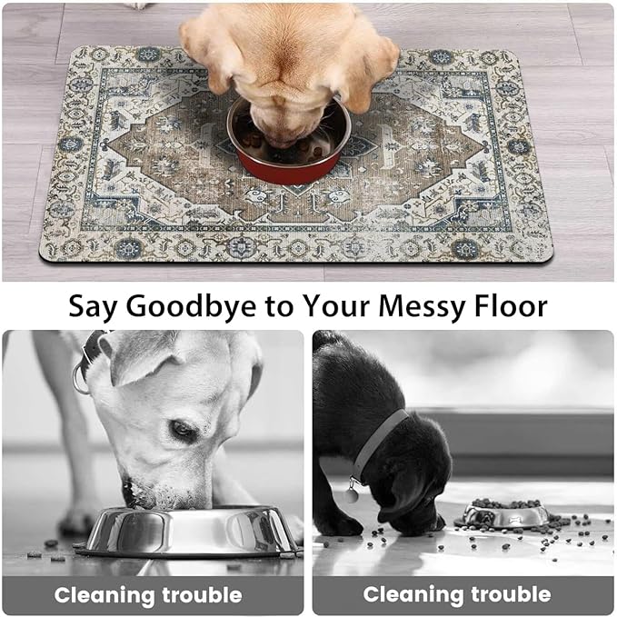 Dog Food Mats for Floors, Absorbent and Quick-Drying Pet Cat Food Mat,Anti-Fouling and Easy-to-Clean Pet Feeding Mat,Dog Bowl Mat for Messy Drinking Water Bowls.17 x32, Bohemia Style