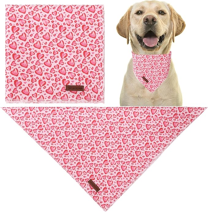 Valentine Triangle Pink Heart Bandana, Cotton Kerchief for Small to Medium Dogs or Cats, Adorable Puppy or Boy Dog Scarf