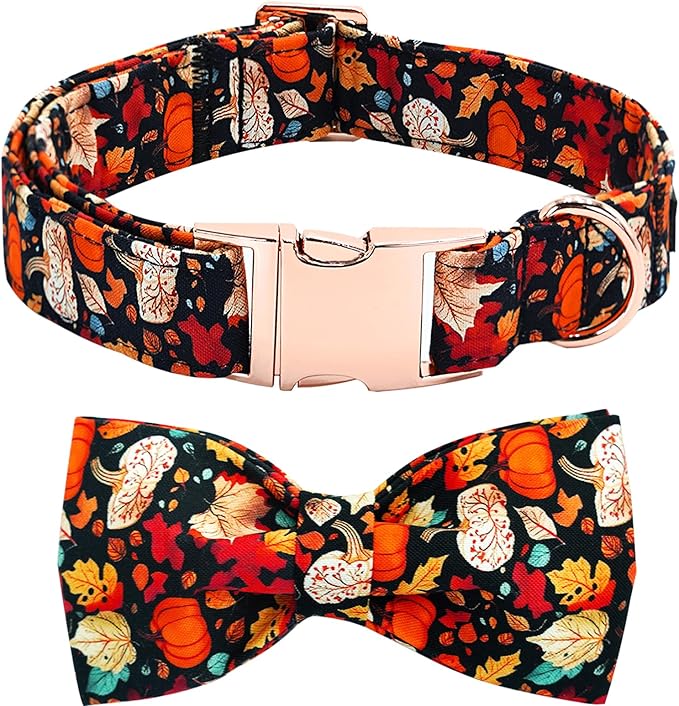 Fall Dog Collar, Leaf Pumpkin Print Adjustable Pet Collar Cute Cotton Soft Collars with Bow Tie Metal Buckle Holiday Puppy Collars Boy&Girl Gift for Large Dogs