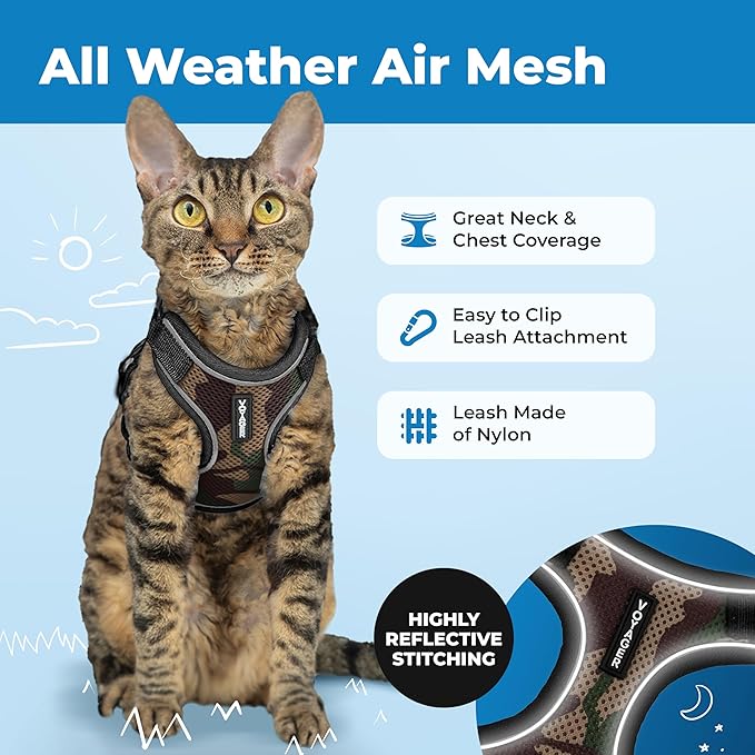 Voyager Escape-Proof Step-in Lock Cat Harness & 5ft Neoprene-Handle Leash Set All-Weather Mesh with Reflective Stitching for Small to Large Cats by Best Pet Supplies, Army (327), XXXS
