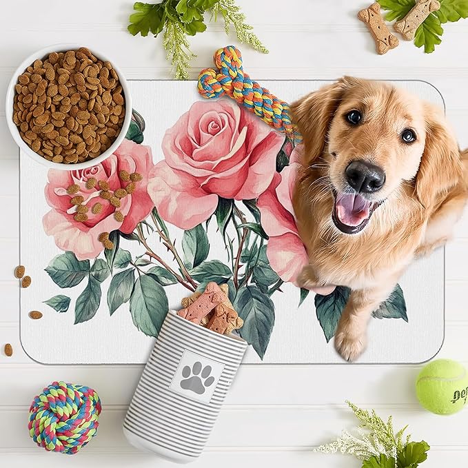 Pink Rose Pet Feeding Mat,Vintage Absorbent Quick-Dry Cat Dog Food and Water Bowl Mats,Non-Slip Rubber Backing Mat,Cat Dog Accessories Supplies 12"x20"