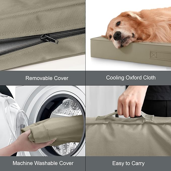 Outdoor Large Washable Dog Bed, Orthopedic Egg Crate Foam Dog Crate Mat for Large Dogs with Removable Oxford Cooling Cover, Khaki