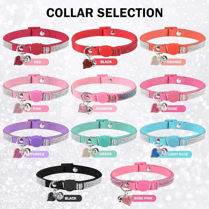 Rhinestone Cat Collar Breakaway with Bell, Diamond Cat Collar with Safety Buckle Quick Release for Girl Boy Small Kitten Pets Puppy,Cute Soft Female Male Cat Collars, Color Pink & Black 7-9"