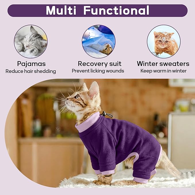 PUMYPOREITY Cat Recovery Suit, Stops Wound Licking After Surgery, Sticky Hair Shirt with Sticky Fabric, Cat Pajamas Prevents Over-Grooming, Purple, XS