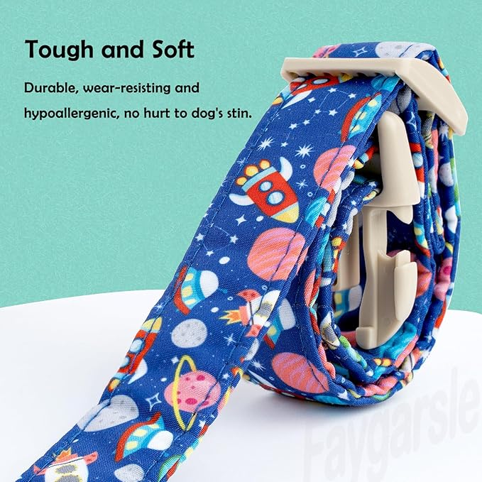 Faygarsle Space Theme Dog Collar, Navy Blue with Rockets and Planets Pattern for Summer Small Medium Large Dogs M