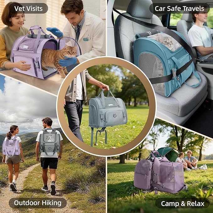 Lollimeow Expandable Cat Carrier Backpack for Large Cats - Airline Approved Pet Carrier Backpack for Small Dogs, Hiking & Travel, Waterproof with Breathable Mesh, 22lbs Capacity (Lavender, Large)